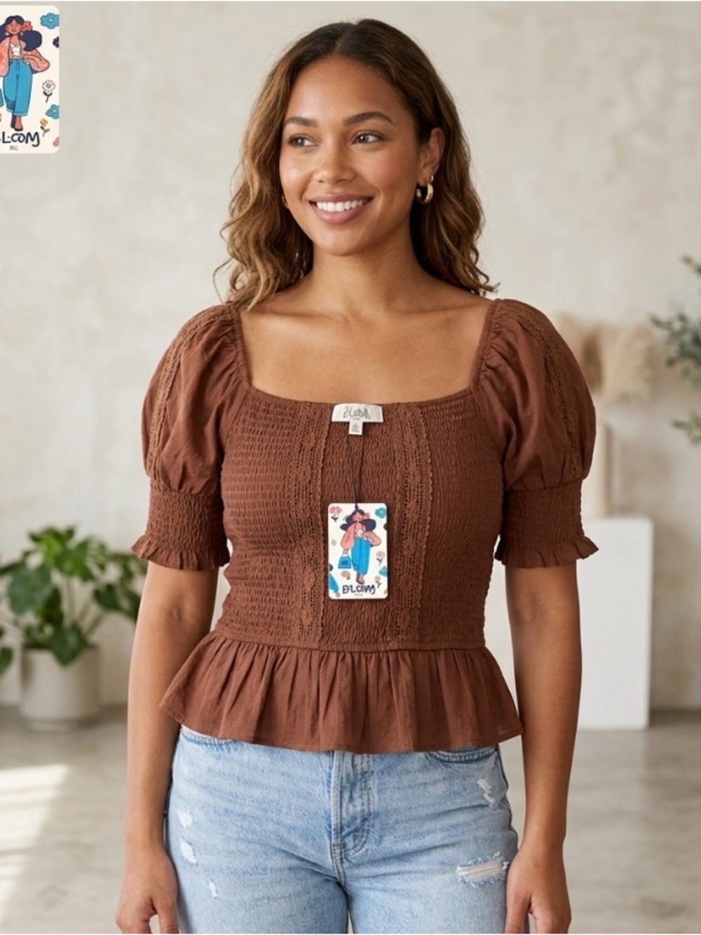 NWT Chocolate Brown Smocked Peplum Ruffle Stretched Cottagore Top XL